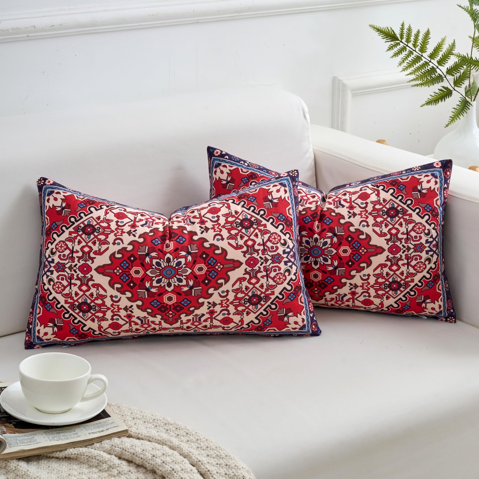Red Lumbar Throw Pillow Covers 12x20 Inch Set of 2 Washable BOHO Vintage Styl... gallery