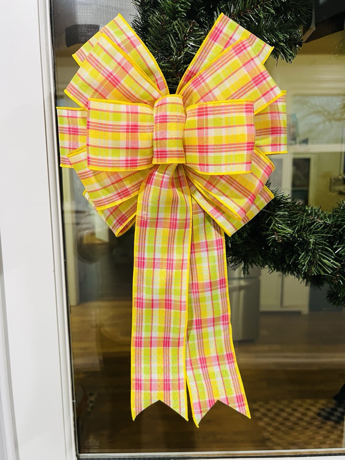 Handmade White Pink Yellow Green Plaid Bow for Spring or Summer Wreath or Basket gallery