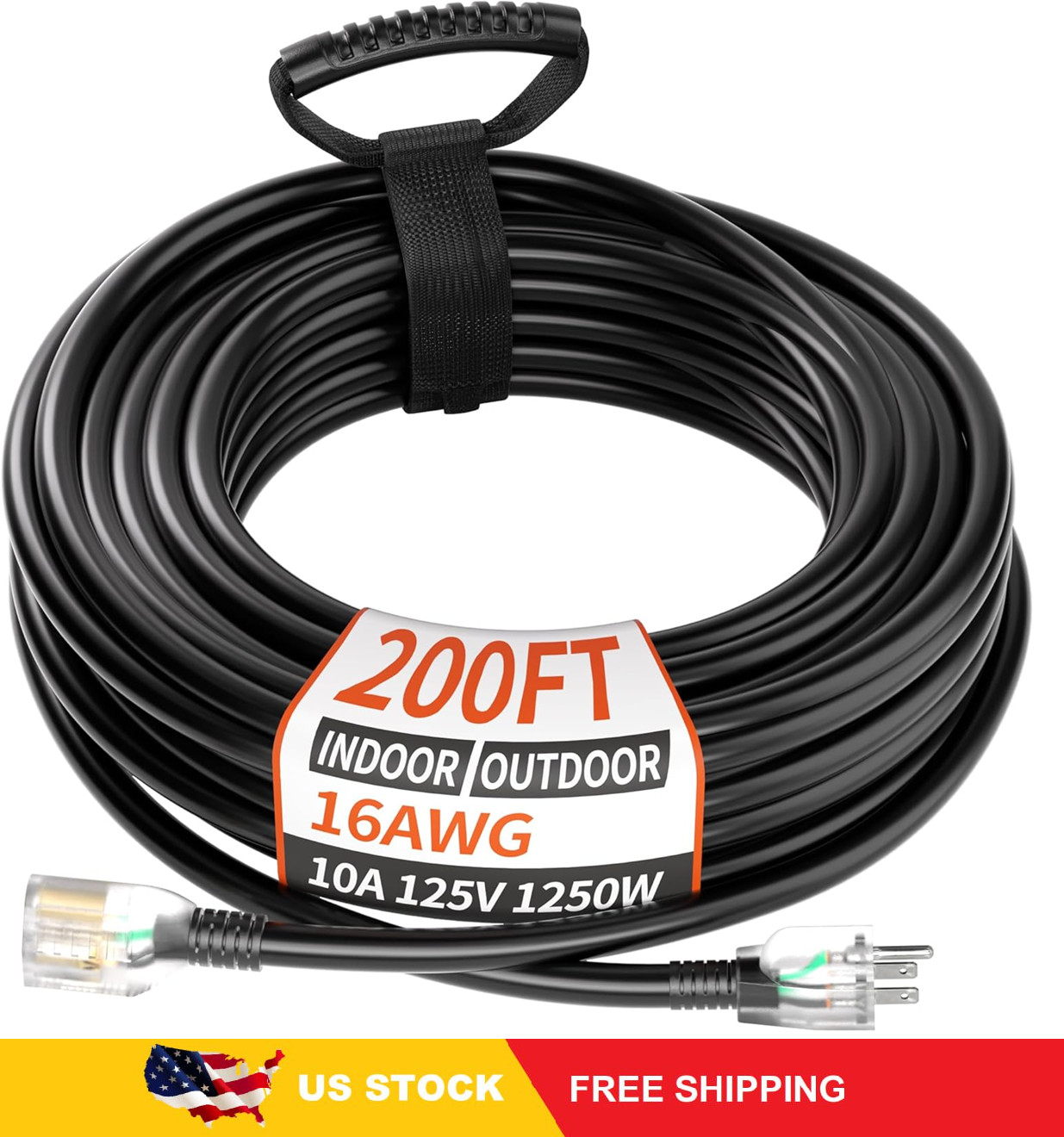 PlugSaf 16/3 Gauge 200 ft Extension Cord Outdoor Black Waterproof, Cold Weather gallery