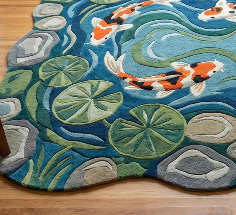 Hand Tufted Koi Fish Pond Rug – Round Artistic Area Rug – Japanese Style Water gallery