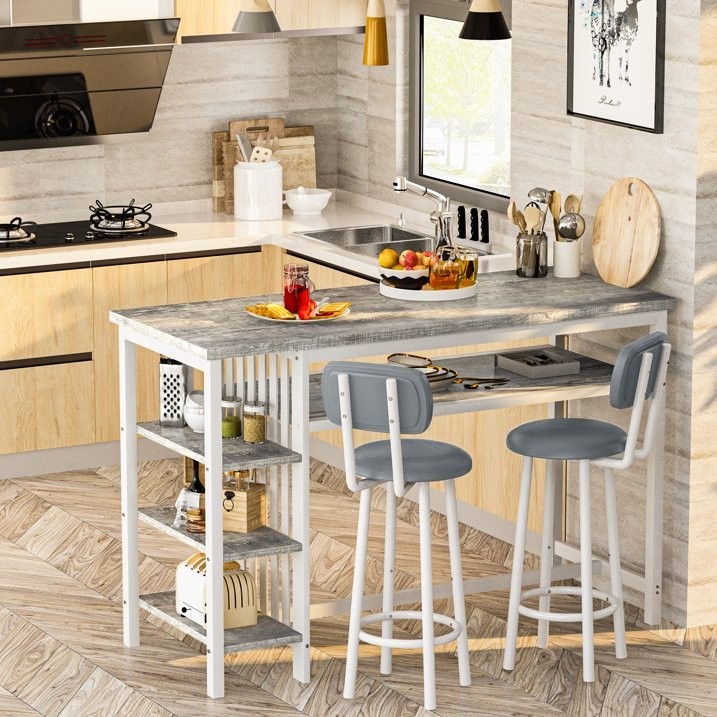 3pc Gray Pub Table Set, Counter Height Dining Table w/ 2 Upholstered Chairs gallery