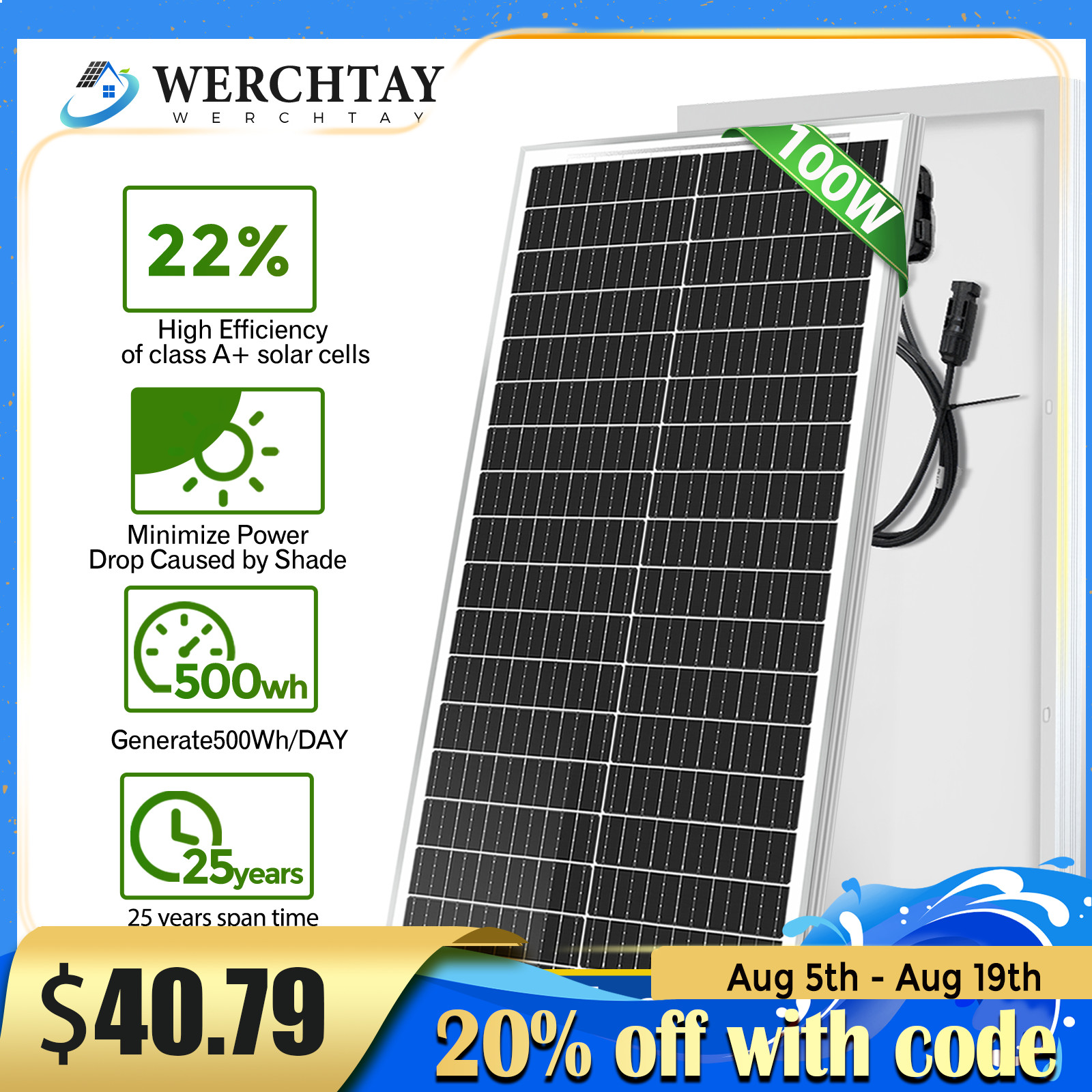 100W Watt 12V Monocrystalline Solar Panel Charger RV Camping Home Off-Grid 12BB gallery