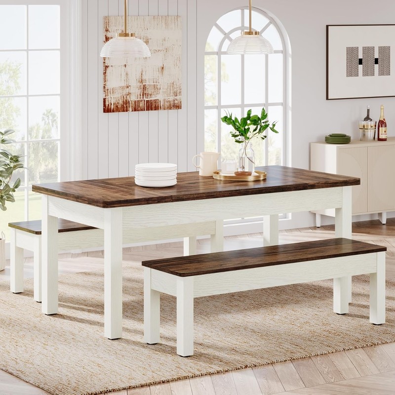 Modern Dinner Table Set for 4-6 People, 55'' Wood Kitchen Table with 2 Benches gallery