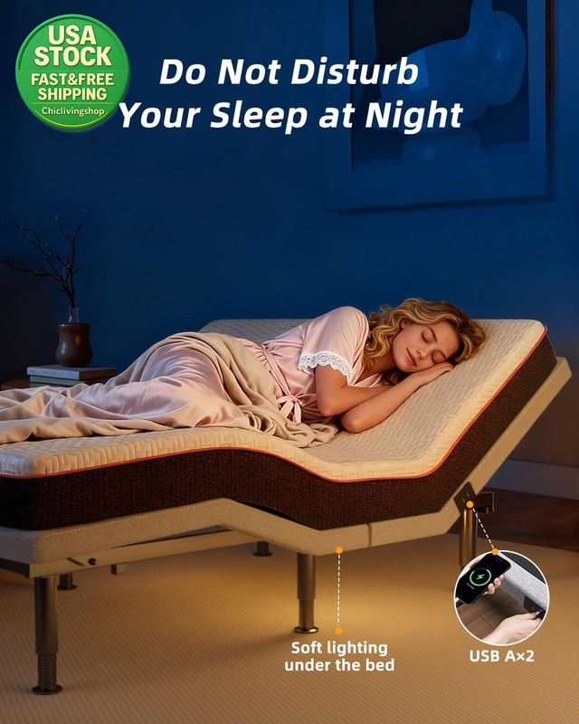 Electric Queen Adjustable Bed Frame Wireless Remote Head Foot Incline USB Light gallery