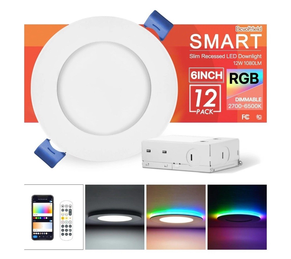 12Pack Smart RGB Recessed Light 6Inch,Ultra-Thin Canless LED Downlight,2.4GHz...
