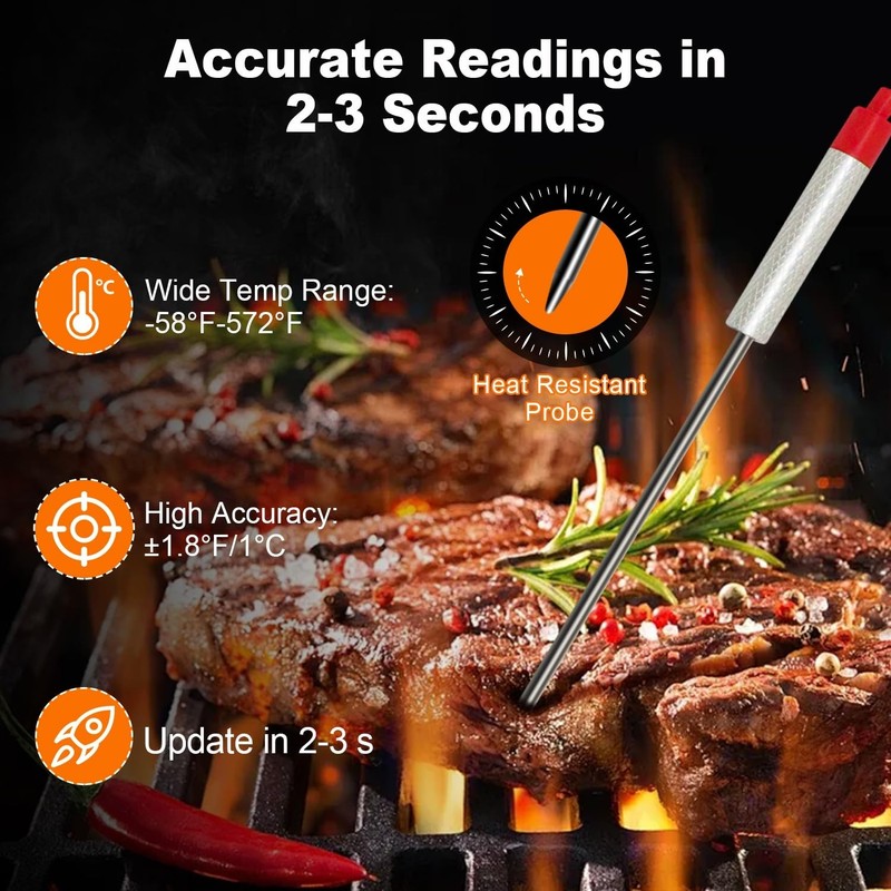 Digital Meat Thermometer with 4 Probes, 328FT Wireless BBQ Food Thermometer, gallery