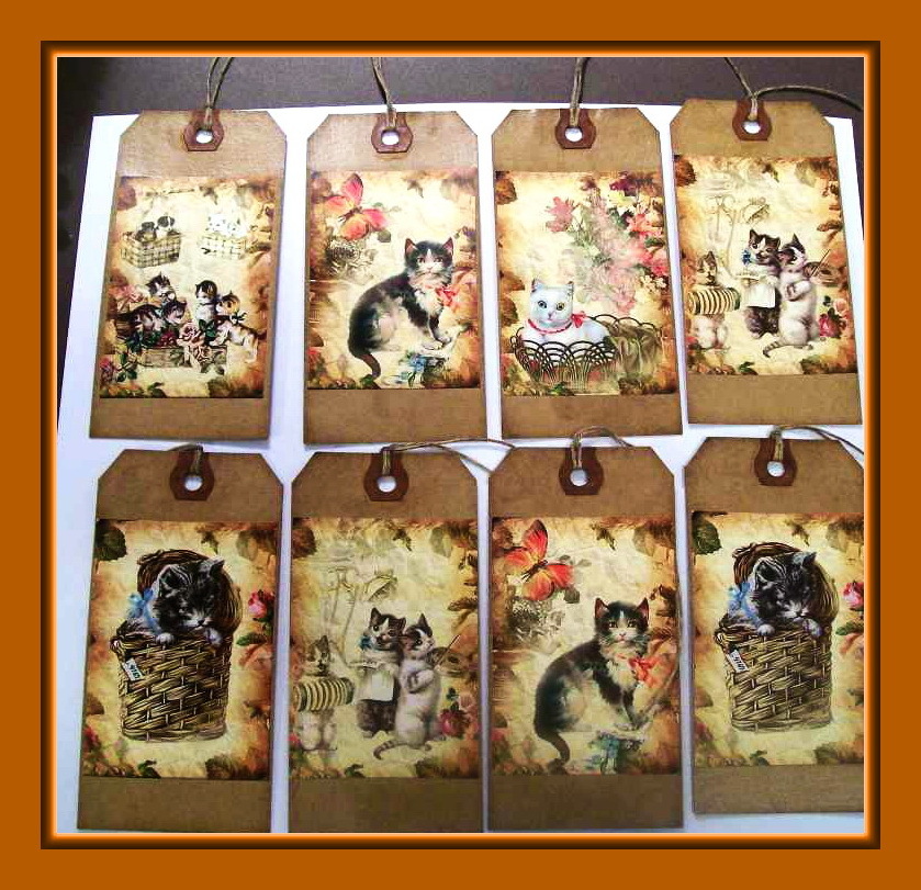 PLAYFUL KITTEN AND CAT HANG TAGS - SET OF EIGHT - ADORABLE - PRIMITIVE gallery