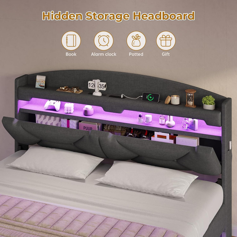 King Size Floating Bed Frame with Power Outlet, Storage Headboard with Hidden Cu gallery