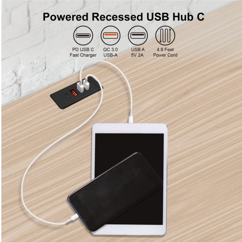Powered USB C Hub Socket Recessed C Power Strip Outlet with Fast Black gallery