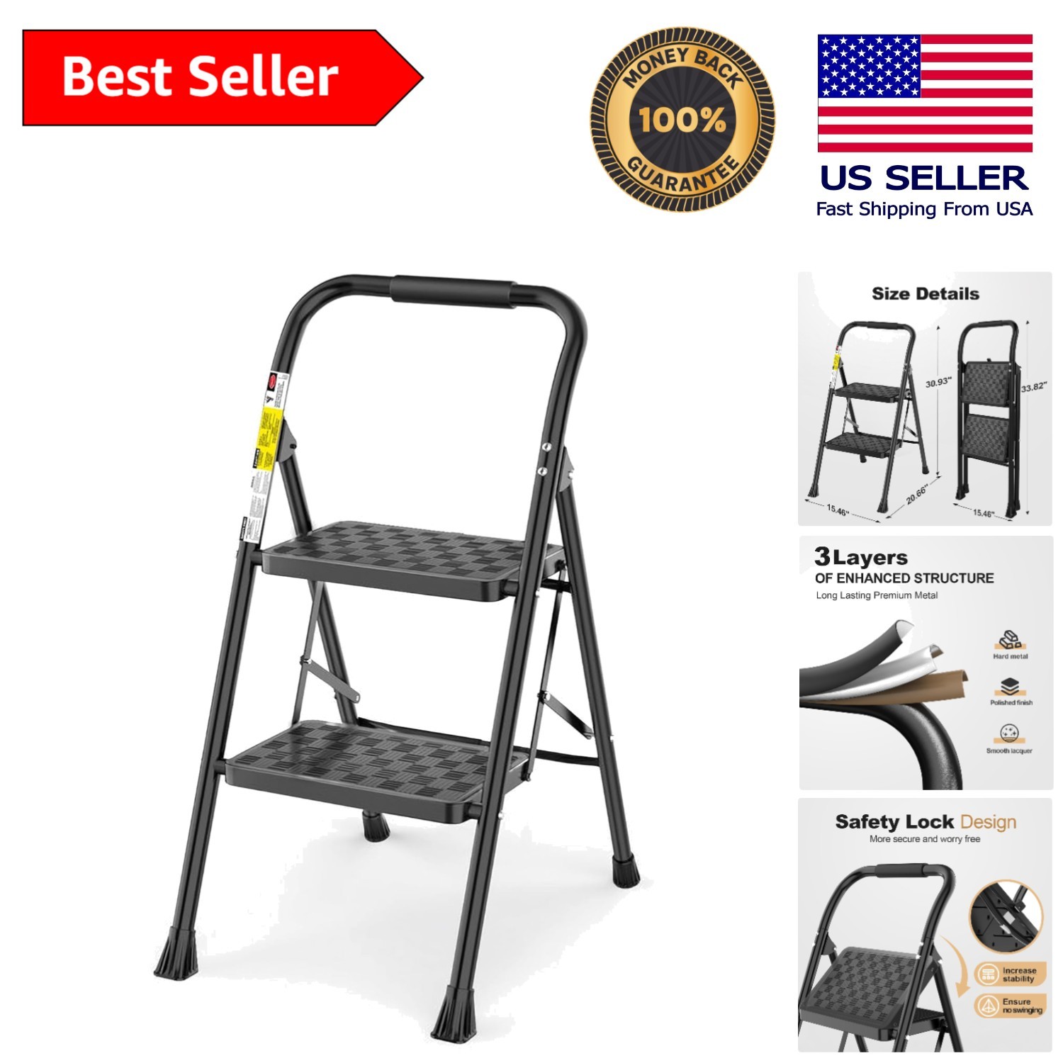 2-Step Folding Ladder with Ergonomic Design & TPR Grip Feet for Stability gallery