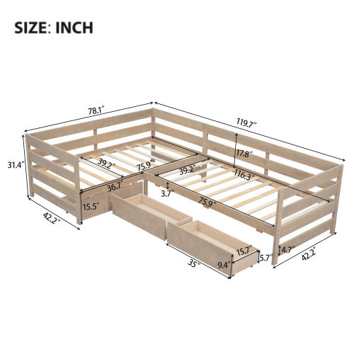 L-shaped Platform Bed Frames with Storage Drawers Solid Wood Twin Bed Corner Bed gallery
