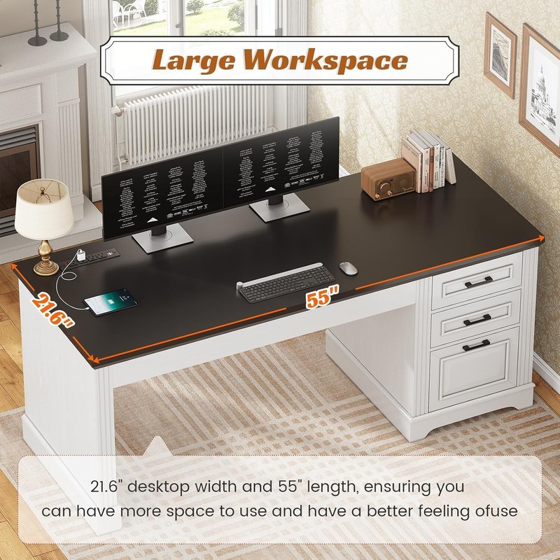 55" Executive Computer Desk with 3 Drawers, Farmhouse Home Office Desk (White) gallery