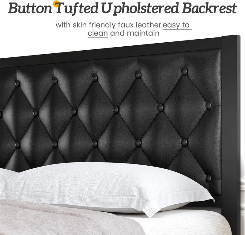 Queen Bed Frame Upholstered Button Tufted Headboard Platform Metal Slats Support gallery