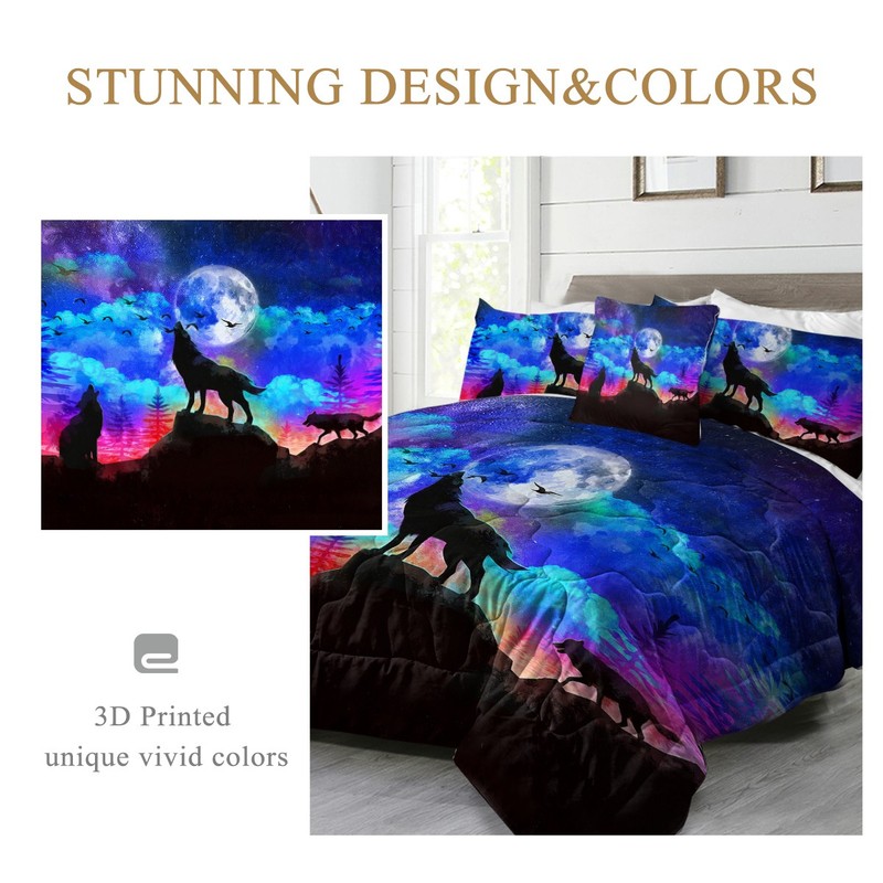 4pcs Wolf Comfoter Set Queen King Size, Evening Moon Wolf Howl Boys Bedding Set gallery