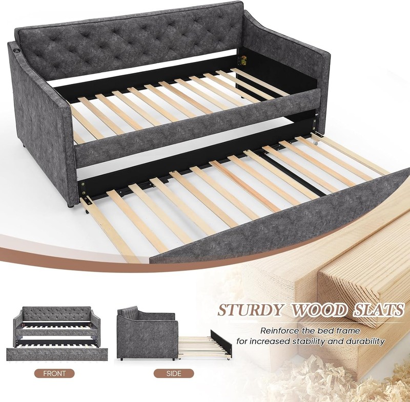 Twin Daybed with Pull Out Bed & USB Charging, Upholstered Daybed for Small Space gallery