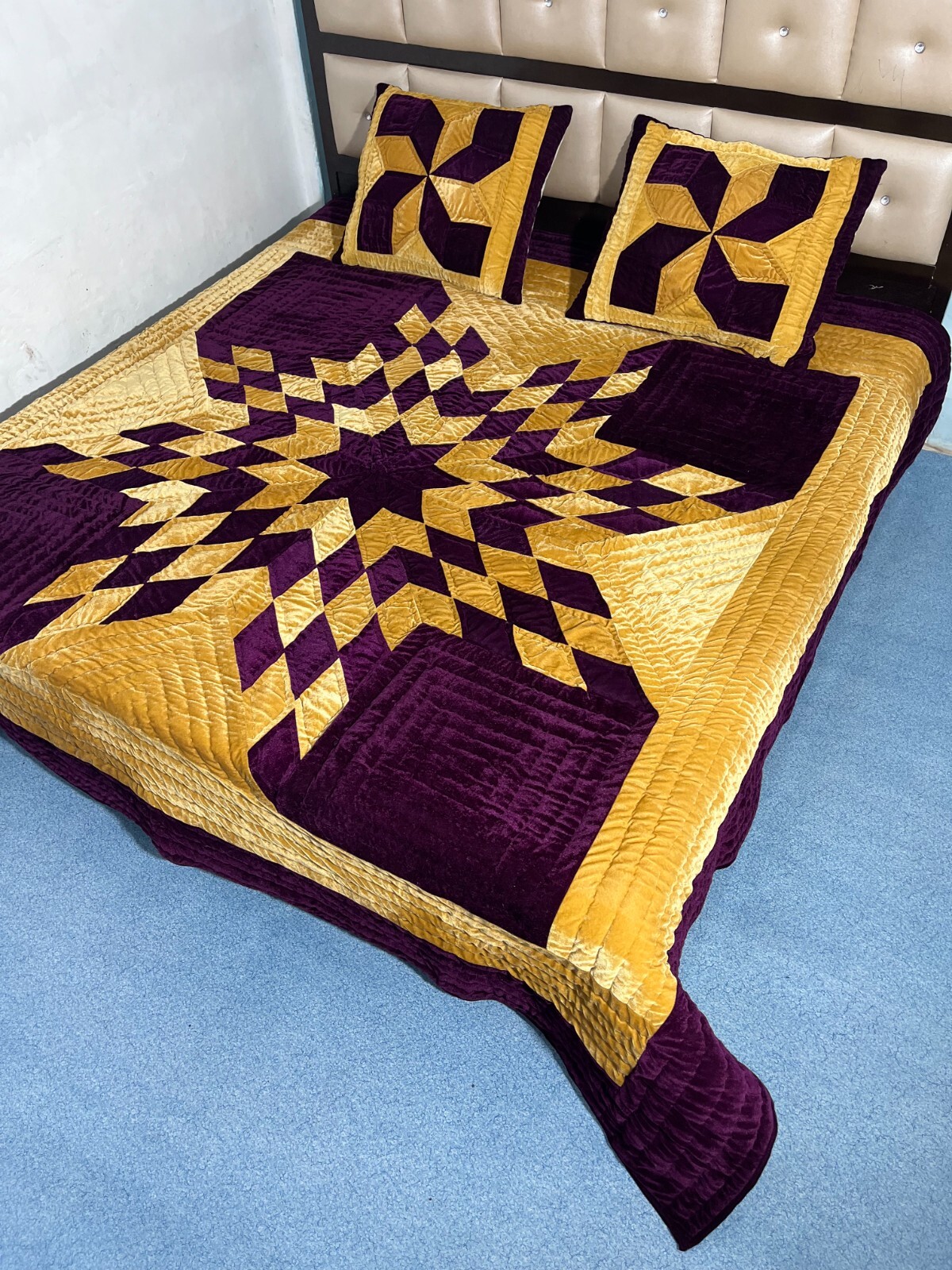 Lightweight Gold &Purple Velvet Warm Comforter Handmade Star Print Quilt Set gallery