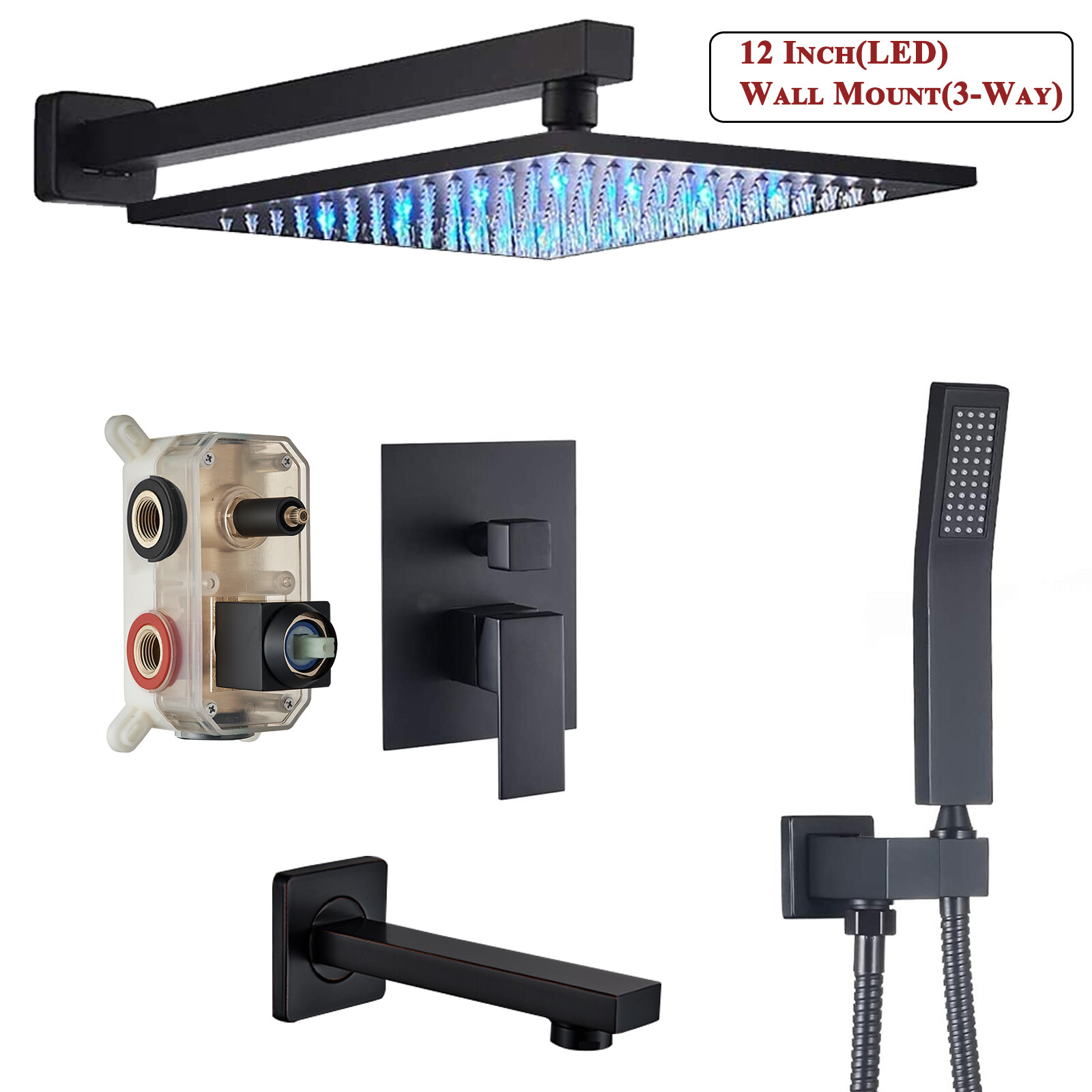 Bathroom Shower Faucet Set Kit Black Rainfall Shower Head Combo with Mixer Valve gallery