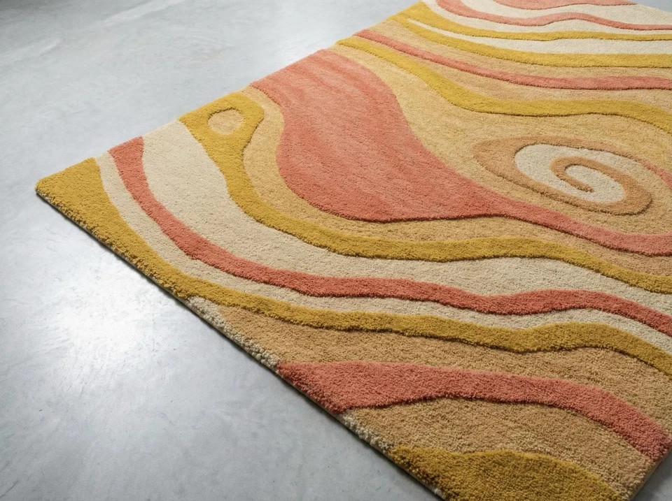 Hand-Tufted Wool Area Rug Coral Yellow Abstract Swirl, Bohemian Eclectic Carpet gallery