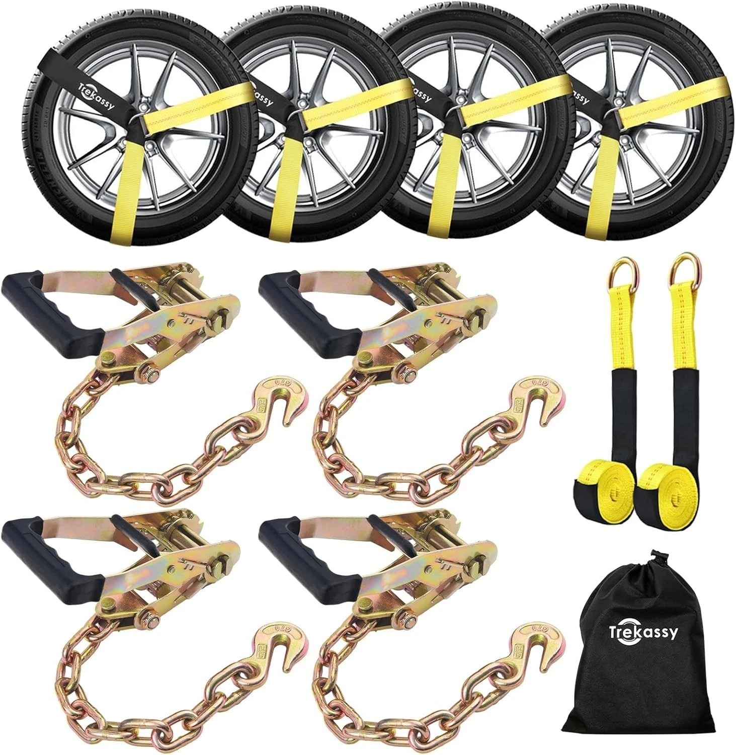 Car Tie Down Straps for Trailers Include 4 Ratchets with Steel Chain Anchors,... gallery