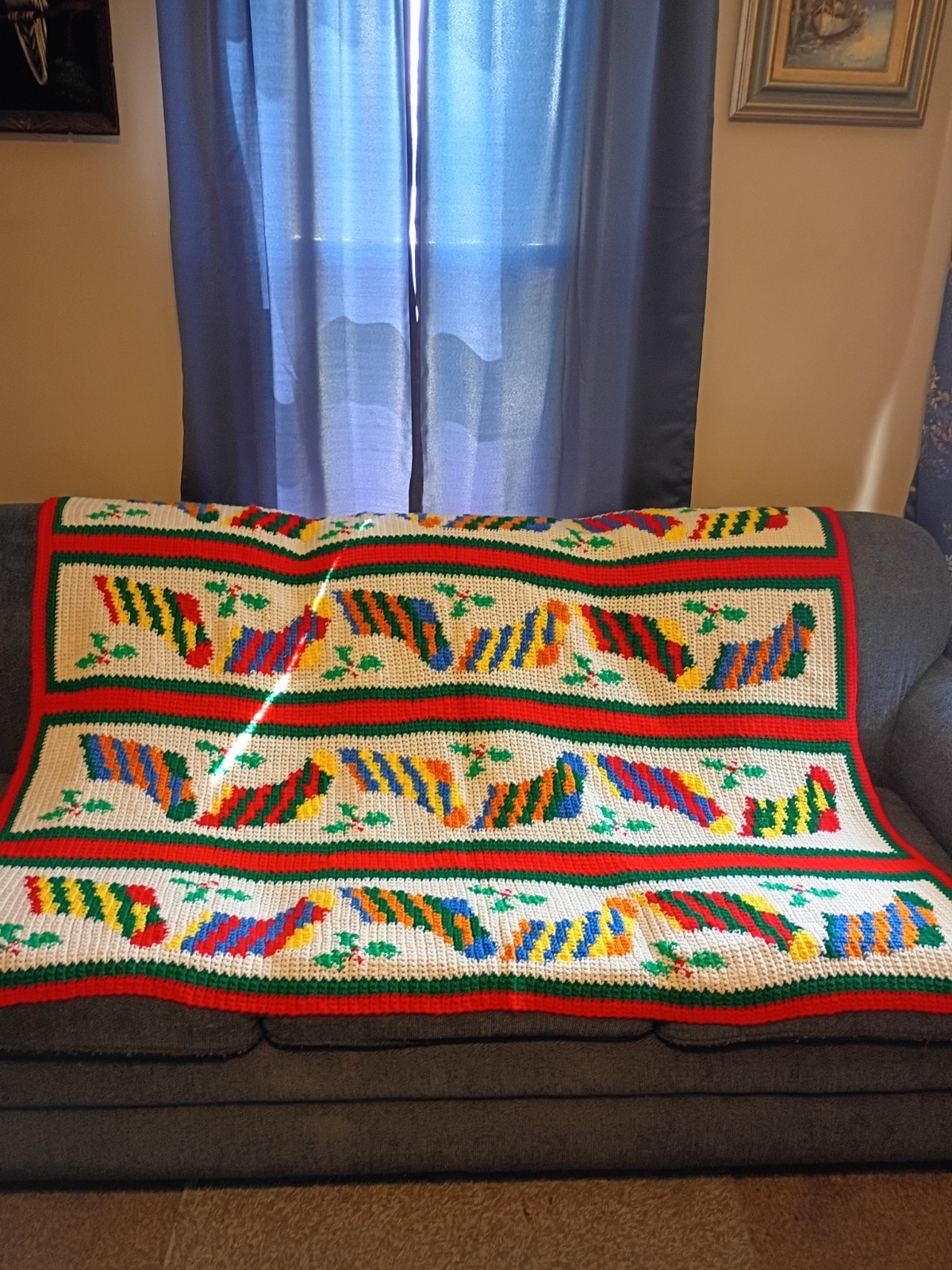 Unique Holiday Afghan Handmade Crocheted With Stocking All Over 62"Lx46'w gallery