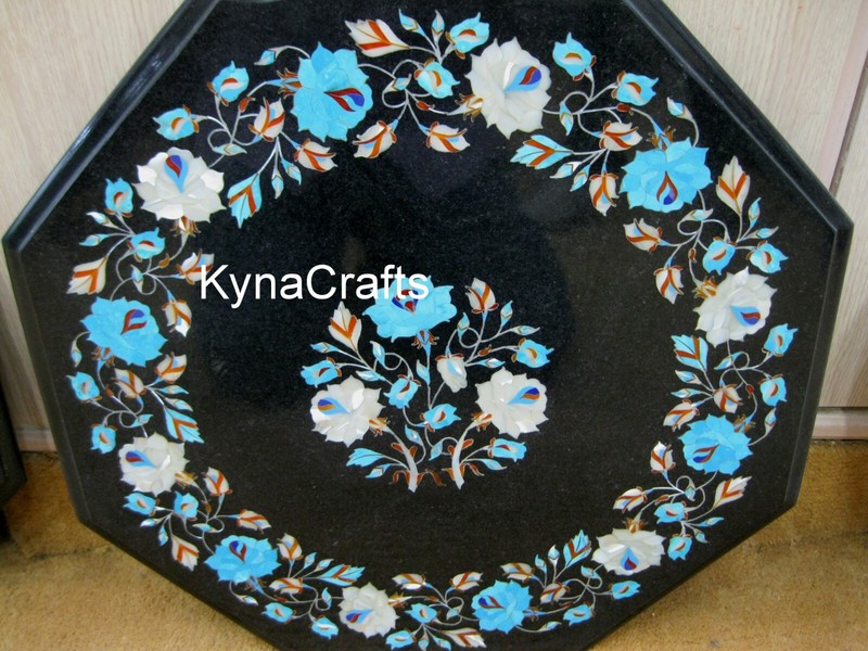 Black Marble Sofa Table for Office Multicolor Stone Inlay Work Coffee Table Top gallery
