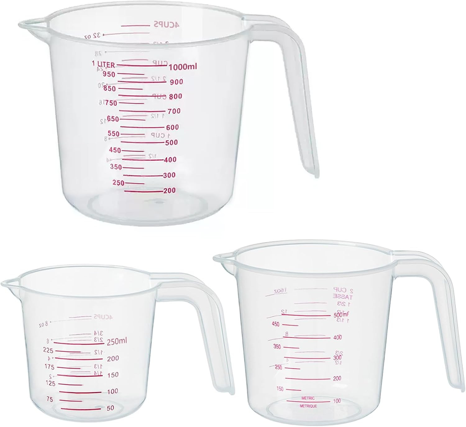 3 Pack Measuring Cup Set – 250ml, 500ml, 1000ml Plastic Cups for Kitchen Use gallery