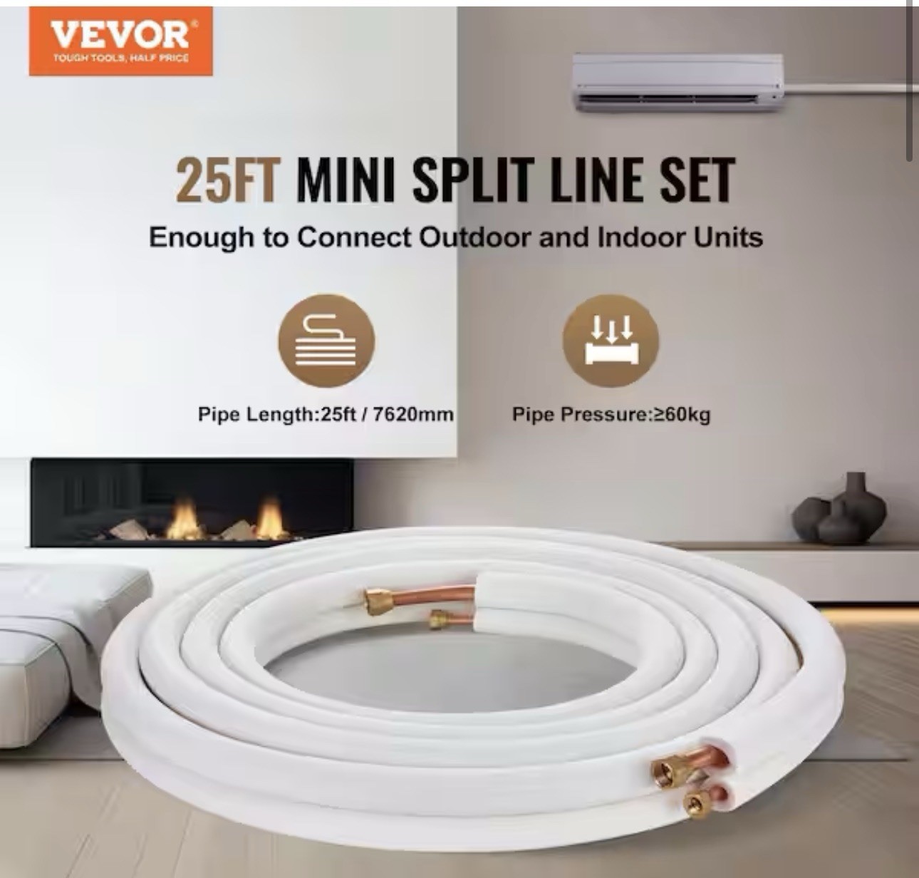VEVOR 25 ft. Mini Split Line Set 1/4 in. and 3/8 in. O.D Copper Pipes Tubing gallery