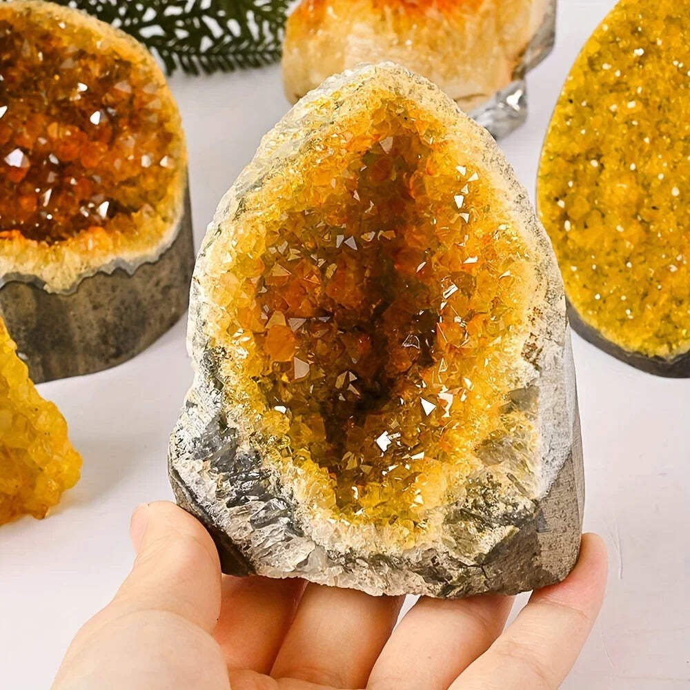 Natural Yellow Quartz Crystal Geode Cluster with Polished Mineral Inclusions gallery