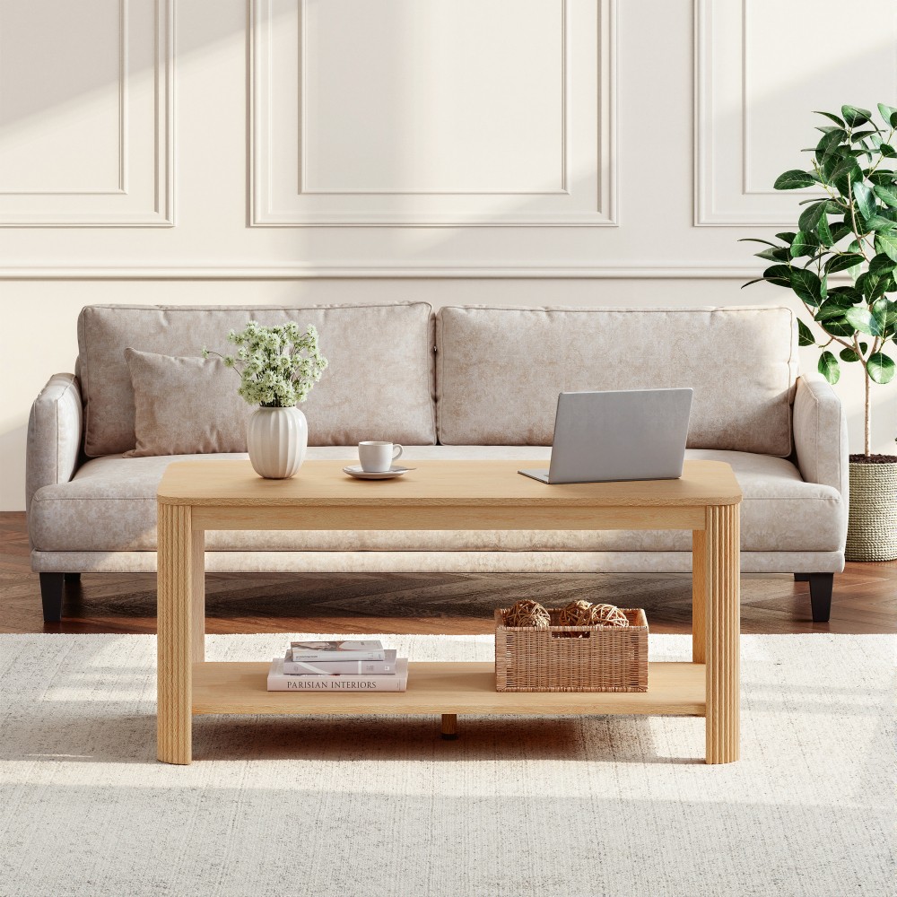Arc Corner Wood Coffee Table with Storage Shelf – Vertical Wave Grain Legs, Ligh gallery