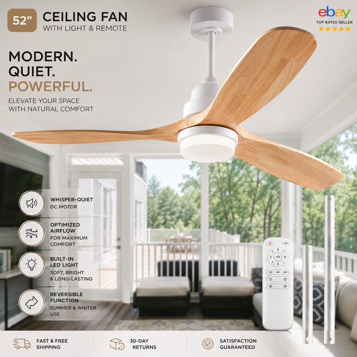 52'' Modern Outdoor High CFM Ceiling Fans with Lights & Remote for Bedroom Patio gallery
