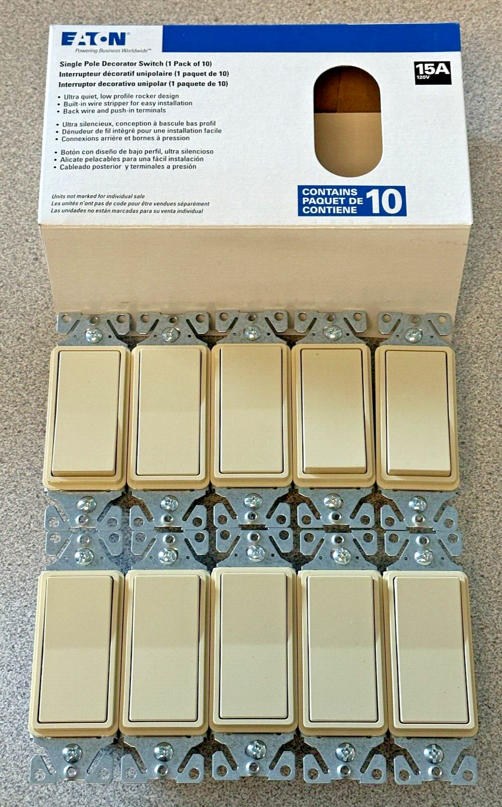 NEW 10 Pack Eaton Ivory Decorator Paddle Light Switch Rocker 15A 1Pole 7501V LOT gallery