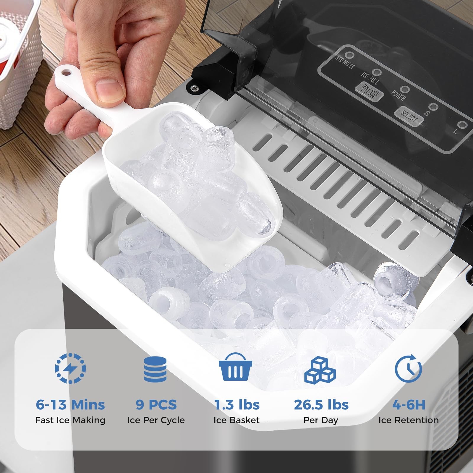 Countertop Ice Maker Self Cleaning 26.5Lb 9 Cubes 6-13 Mins Black Portable Ready gallery