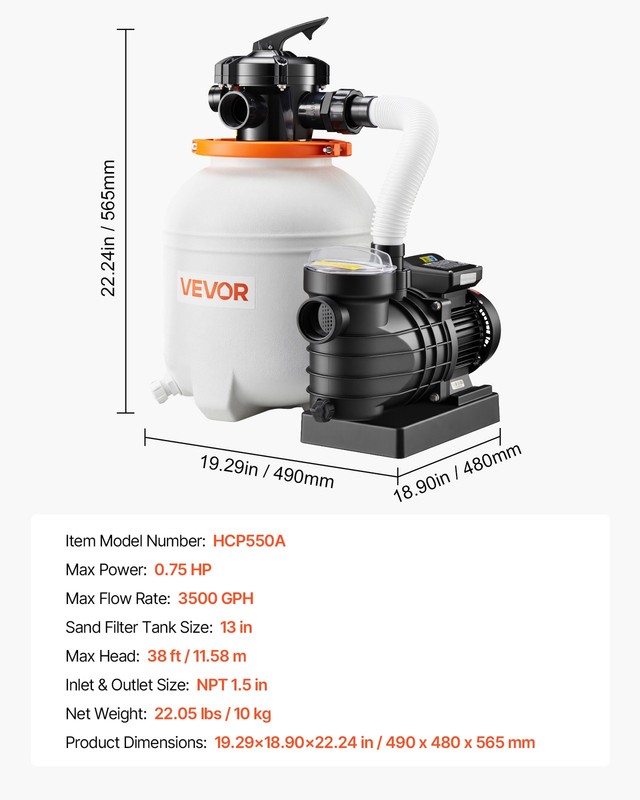 VEVOR Sand Filter Pump for Above Ground Swimming Pools 13" 3500 GPH 0.75HP Timer gallery