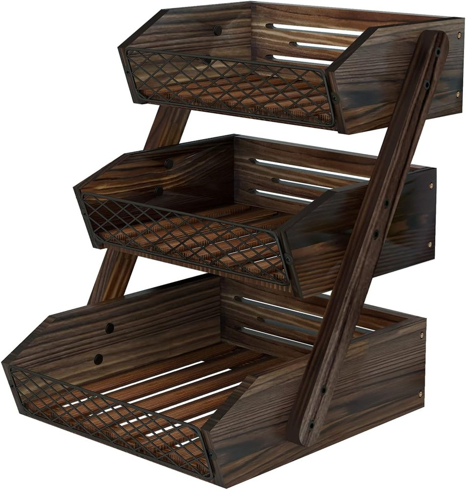 Fruit Basket for Kitchen, 3 Tier Fruit Bowl for Kitchen Counter,Wooden Vegetable