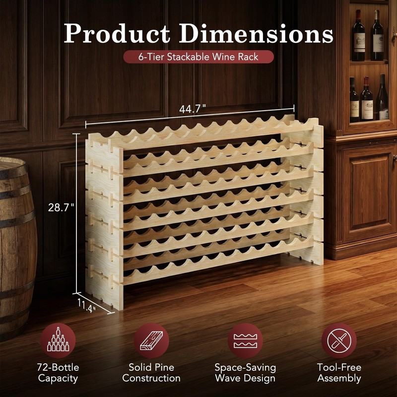 ZENY 72 Bottles Stackable Modular Wine Rack, Freestanding 72 Bottles, Wooden gallery
