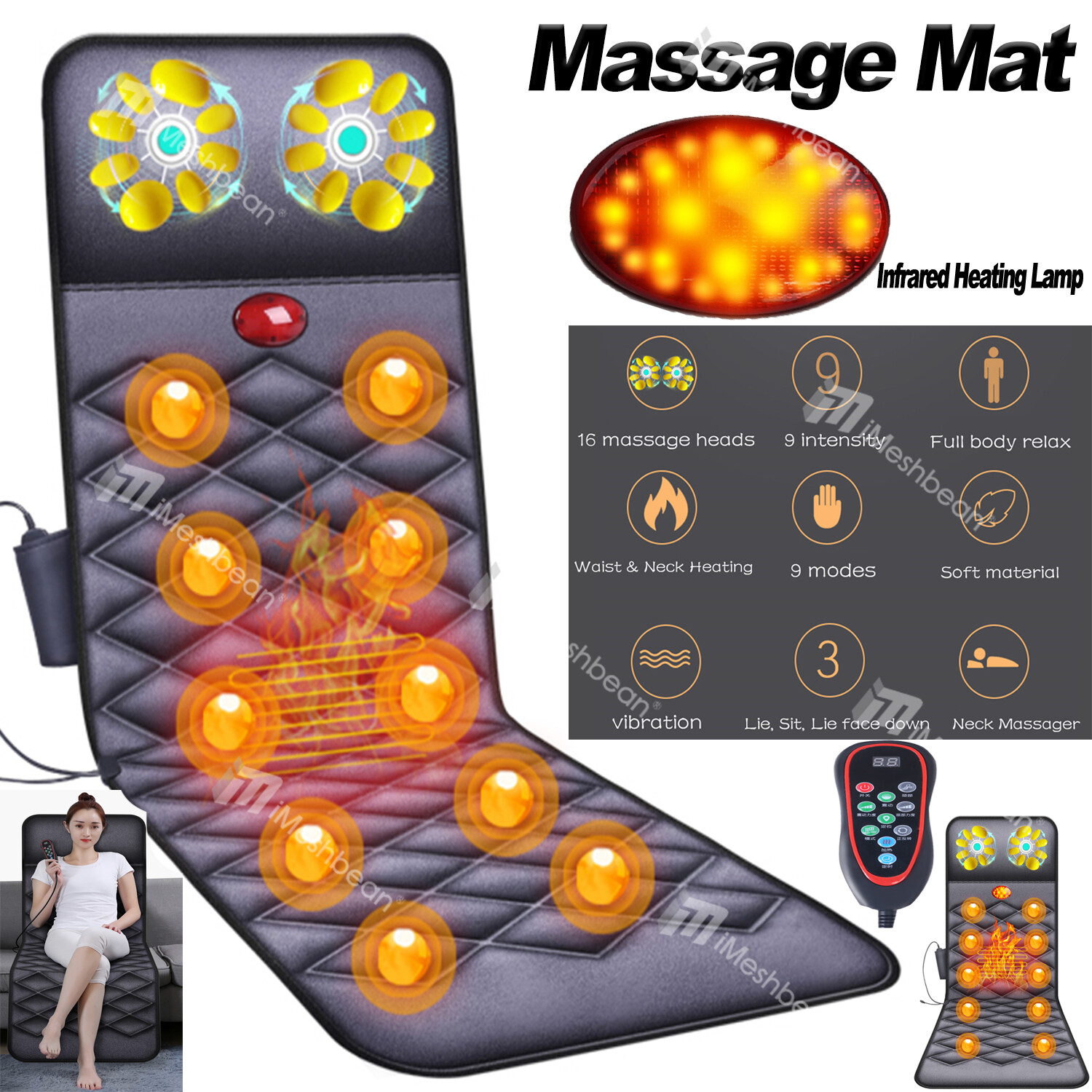 Full Body Vibrating Mat 10 Motor Vibration Massager Kneading Mattress W/ Heat US gallery
