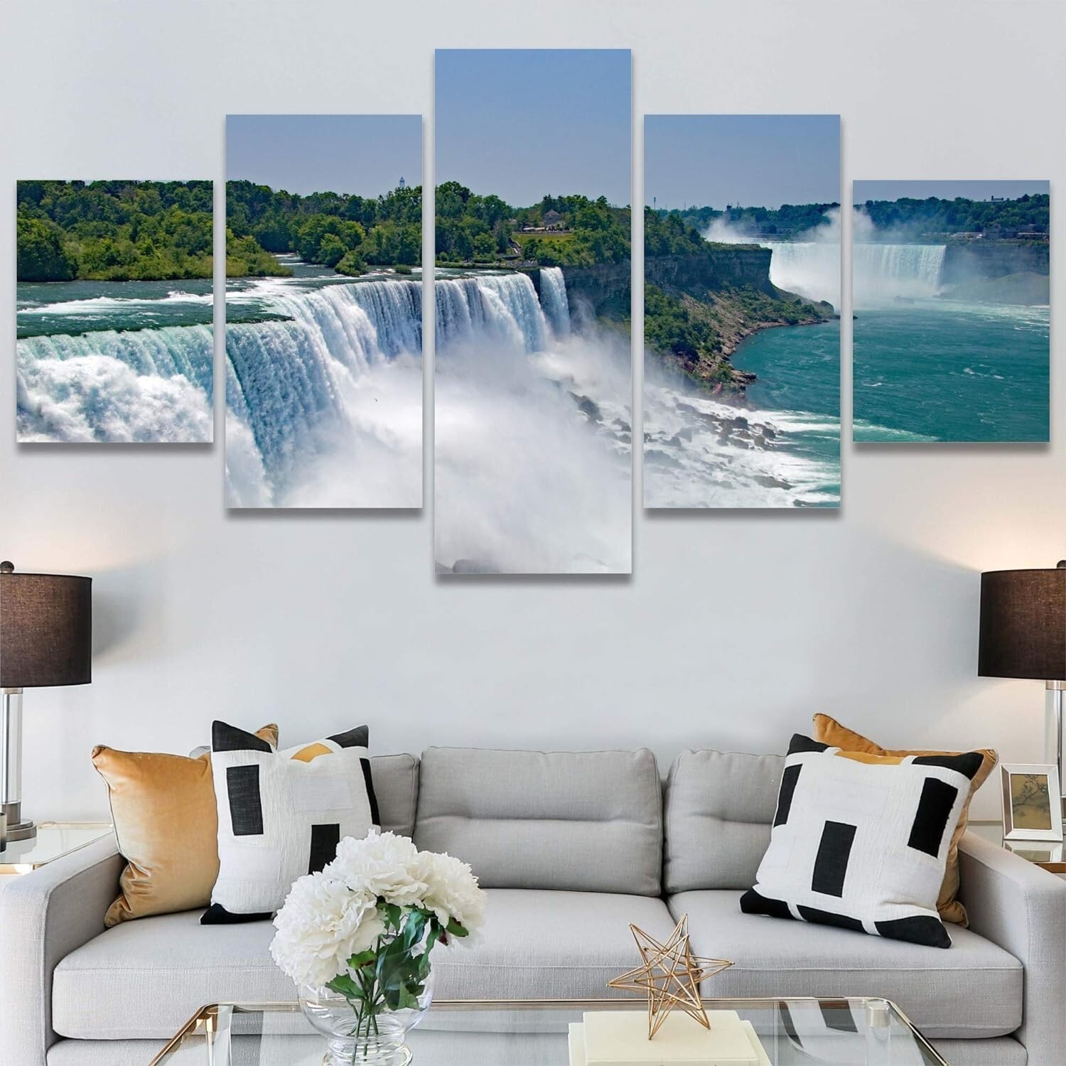 Wall26 - 5 Panels Dramatic Waterfall In Forest Photo Art Canvas Print Wall Art gallery