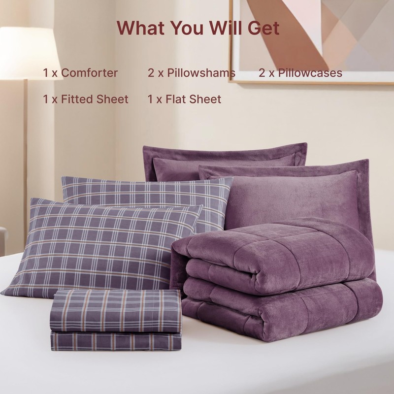 AMBERSPACE Plush King Size Comforter Set Purple, Flannel Velvet Comforter Se... gallery