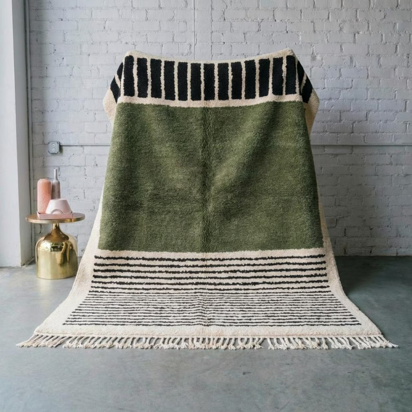 Olive Green Moroccan Rug - Geometric Striped Berber Carpet - Handmade Area Rug gallery
