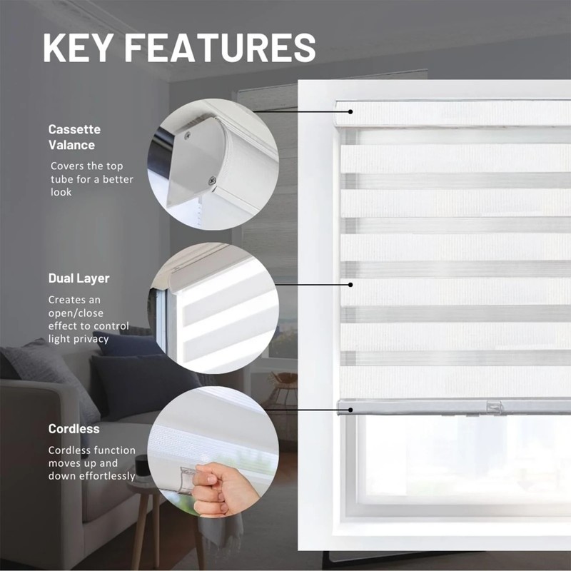 Basic Arctic Cordless Dual Layer Zebra Roller Window Shade - 35" W x 72" L gallery