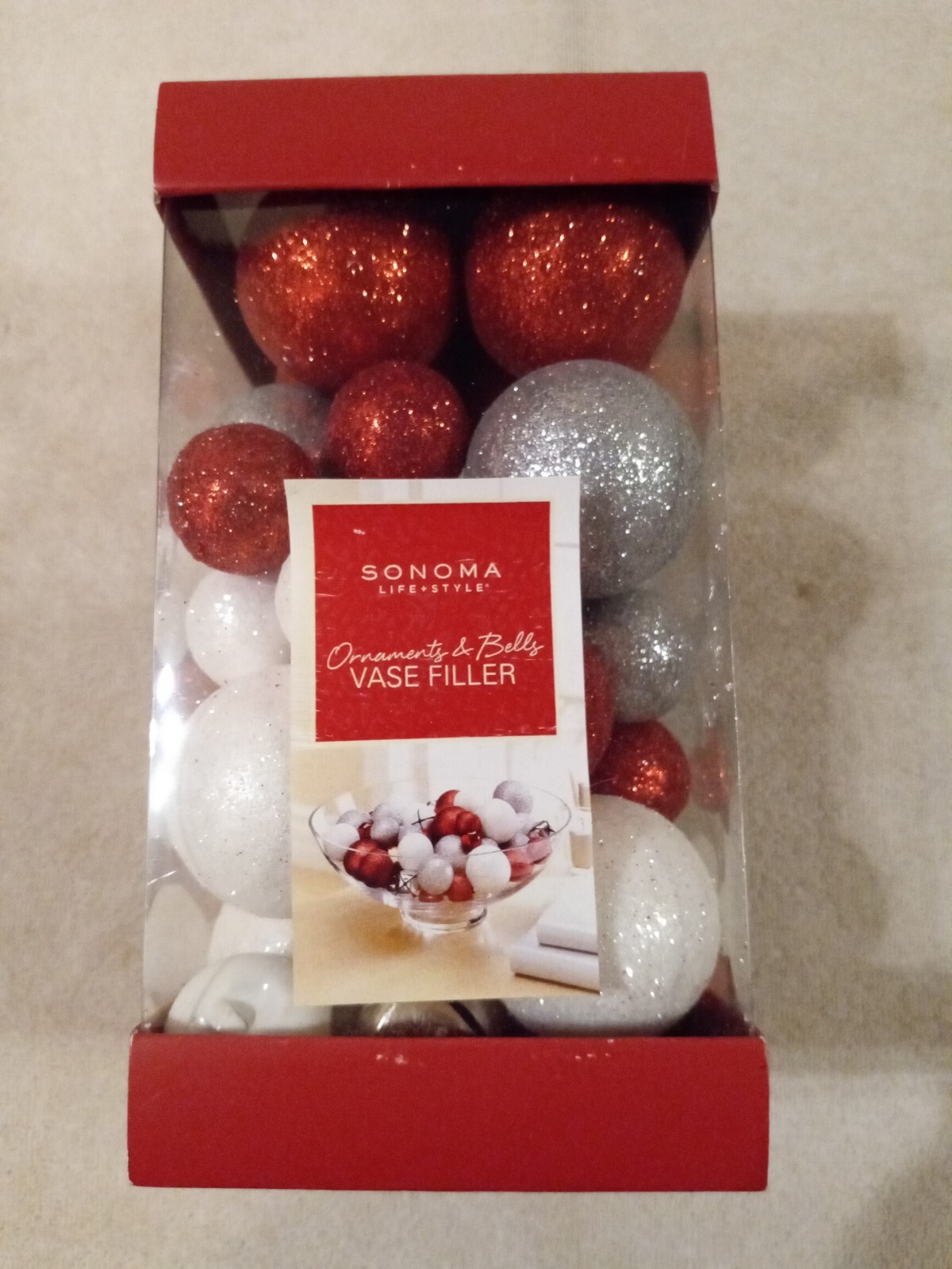 Sonoma silver, red & white ornaments & bells VASE or BOWL filler - NIB gallery