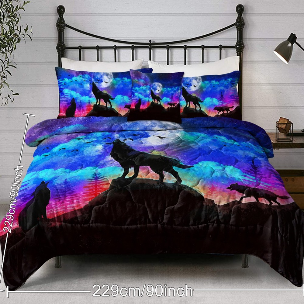 4pcs Wolf Comfoter Set Queen King Size, Evening Moon Wolf Howl Boys Bedding Set