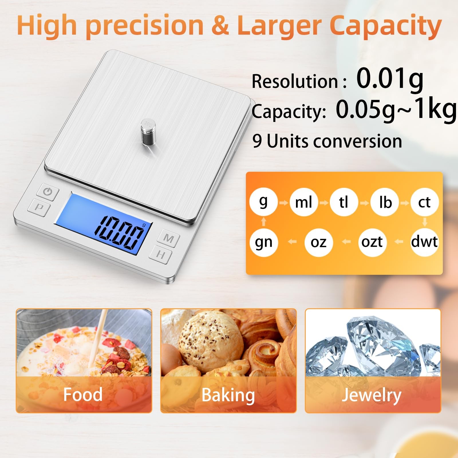 Digital Gram Scale 0.01g Precision 1kg USB Rechargeable Jewelry Scale, Large gallery