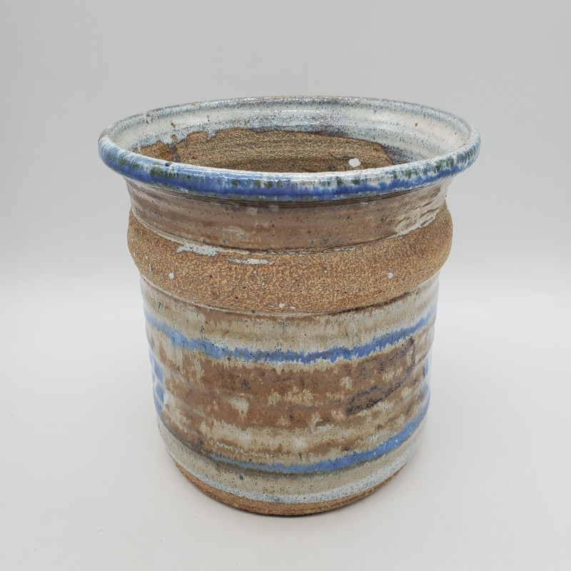 Ceramic Studio art container utensil holder brown and blue and white gallery