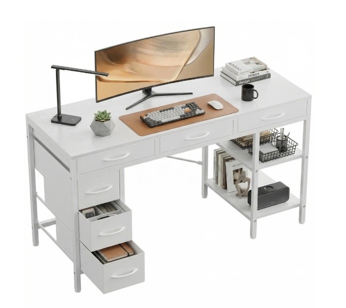 CONCETTA 55" Computer Desk w/ 6 Drawers & Shelves Modern Home Office Desk White gallery