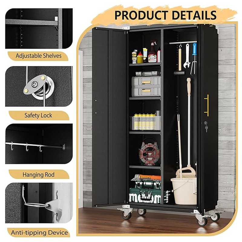 71" Rolling Metal Tool Cabinet, Lockable Cleaning Cabinet with Hooks for Garage gallery