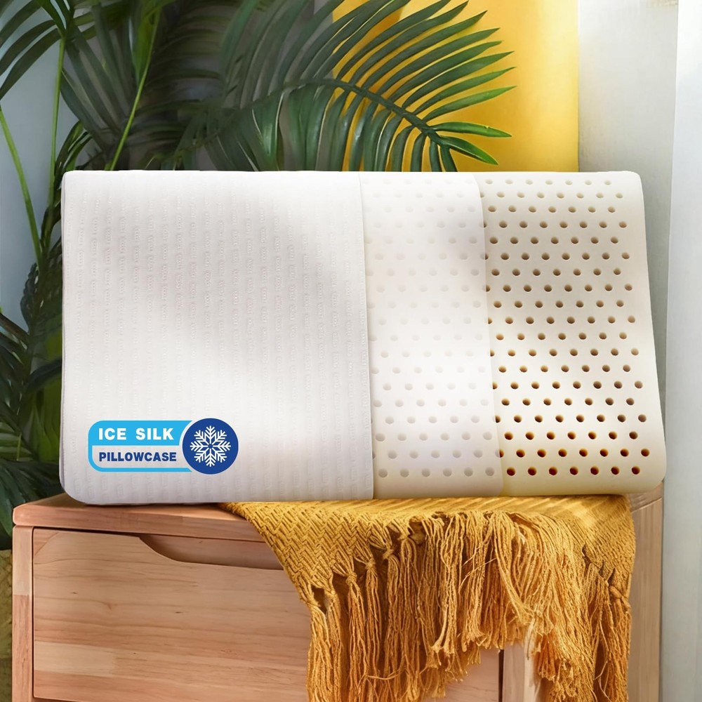 Latex Pillow Features Medium-Soft Latex Foam and Removable ice Silk Pillowcas...