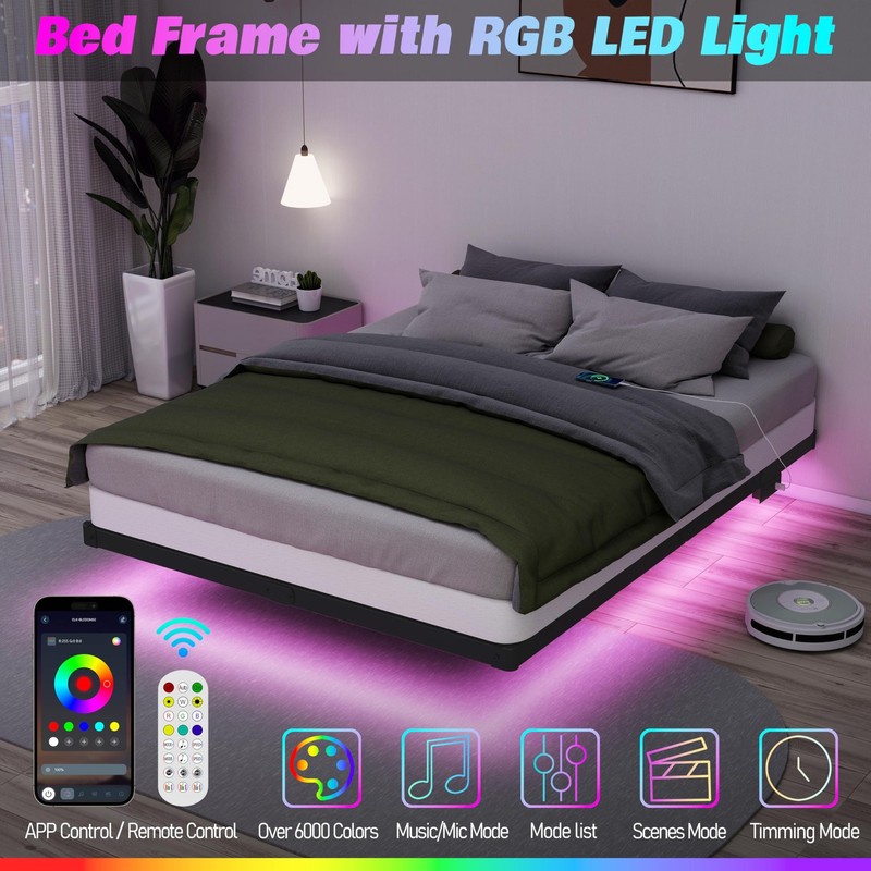 Floating Bed Frame Queen with Smart LED Lights and Charging Station 8 Inch Me... gallery