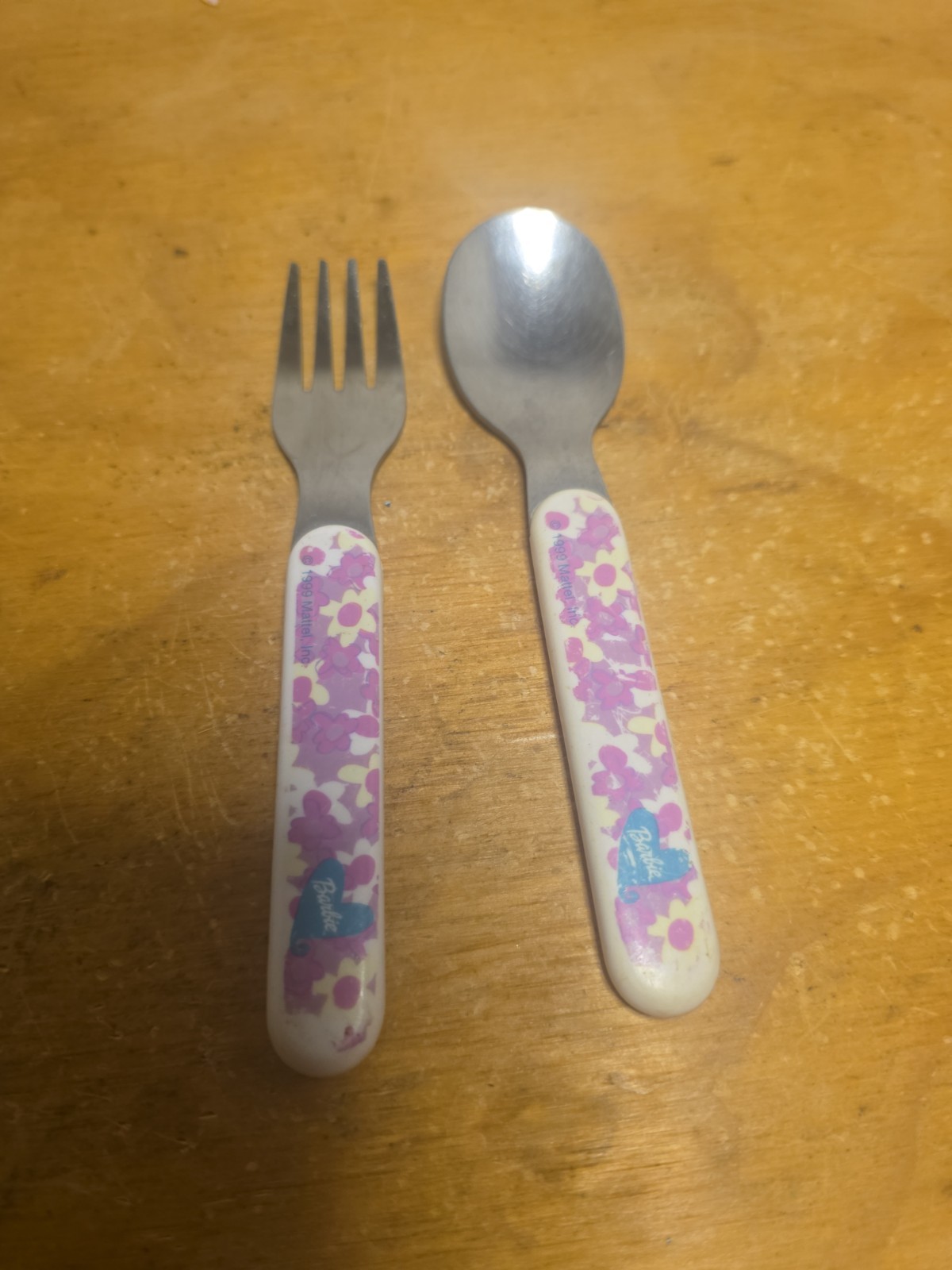 Vintage 1999 Barbie Fork & Spoon Set Stainless Toddler Kids Pink Floral Melamine gallery