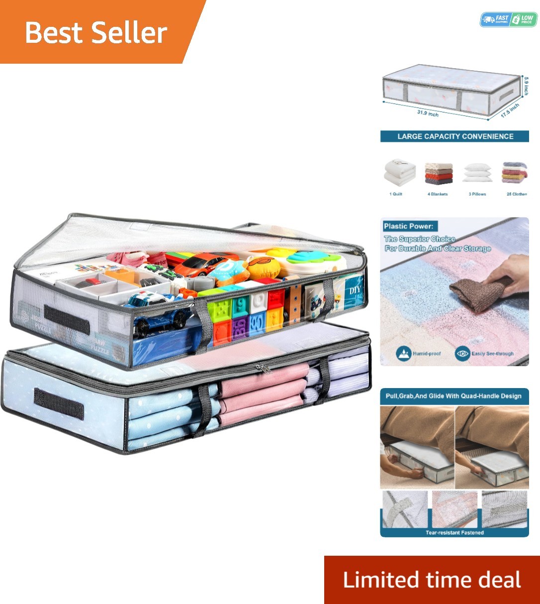 Durable Under Bed Storage Bins - Set of 2, Clear Plastic with Zipper Closure gallery